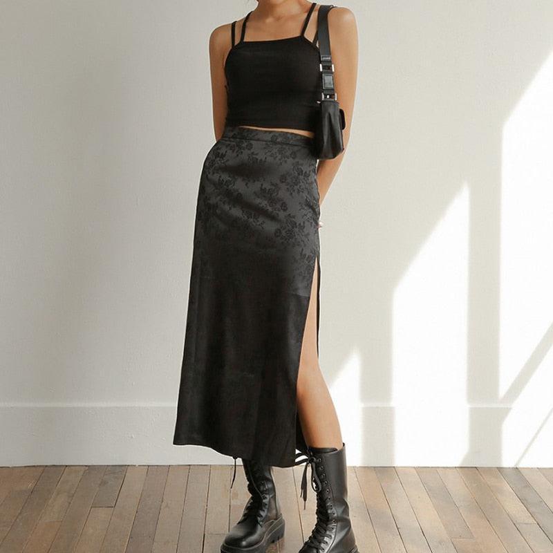Y2K Dark Floral Side Slit Midi Skirt - Retro Style Grunge Outfit