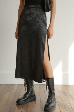 Y2K Dark Floral Side Slit Midi Skirt - Retro Style Grunge Outfit