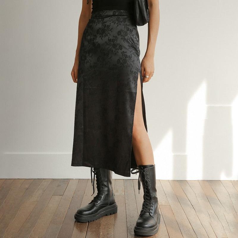 Y2K Dark Floral Side Slit Midi Skirt - Retro Style Grunge Outfit