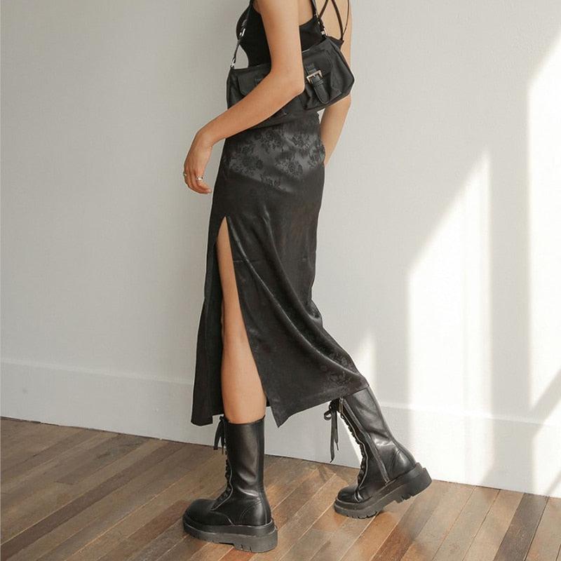 Y2K Dark Floral Side Slit Midi Skirt - Retro Style Grunge Outfit