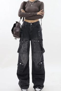 Y2K Dark Wash Belted Cargo Jeans - Retro 90s Grunge Style