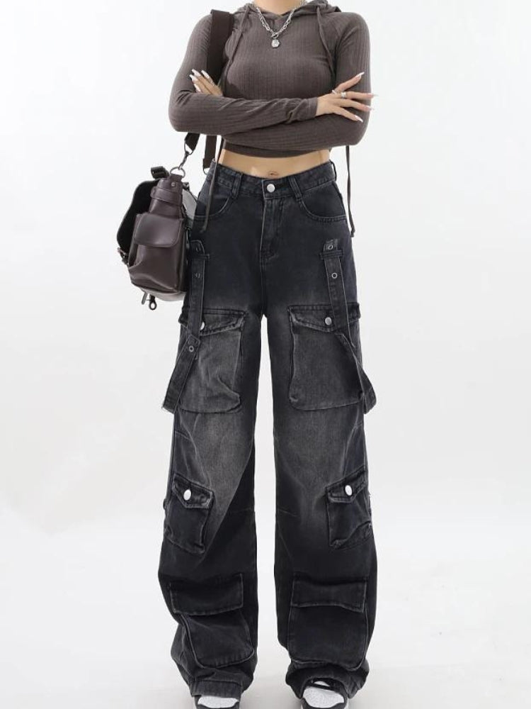 Y2K Dark Wash Belted Cargo Jeans - Retro 90s Grunge Style