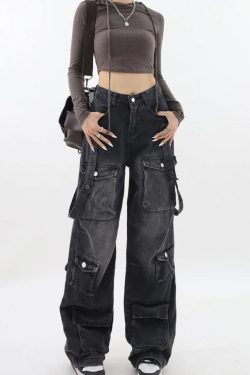 Y2K Dark Wash Belted Cargo Jeans - Retro 90s Grunge Style