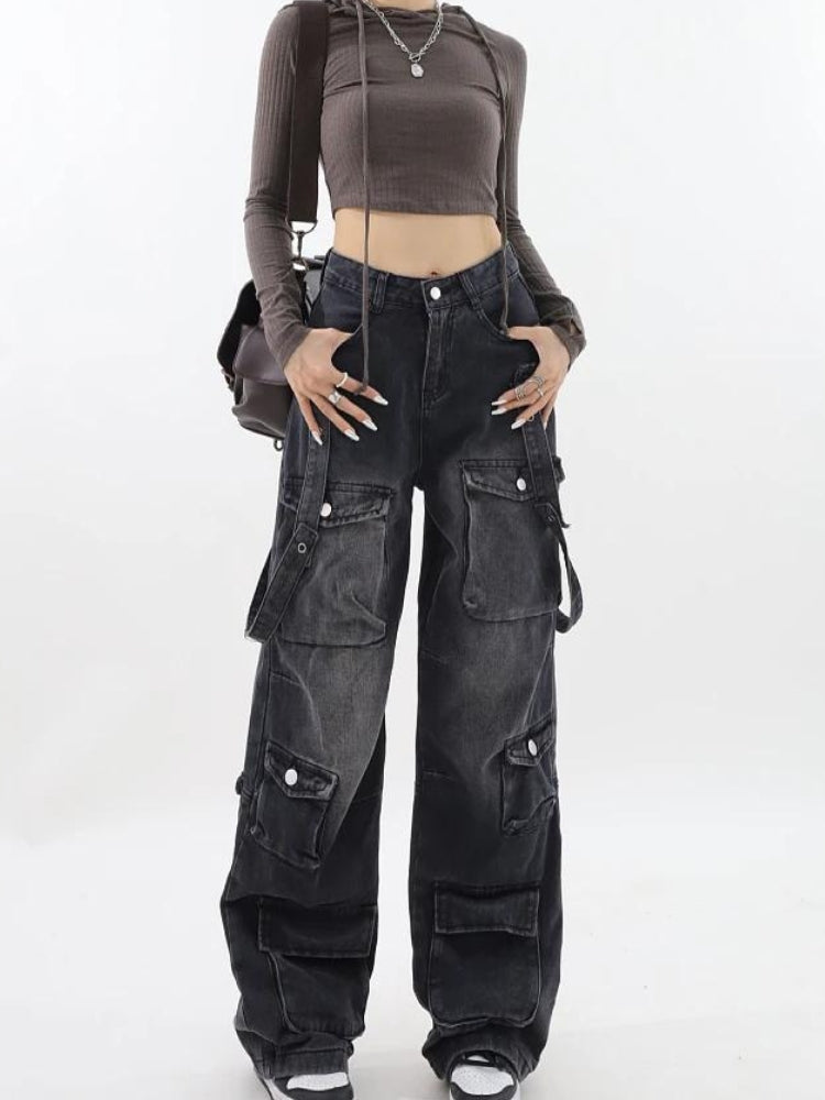 Y2K Dark Wash Belted Cargo Jeans - Retro 90s Grunge Style