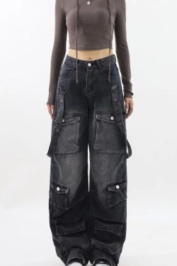 Y2K Dark Wash Belted Cargo Jeans - Retro 90s Grunge Style