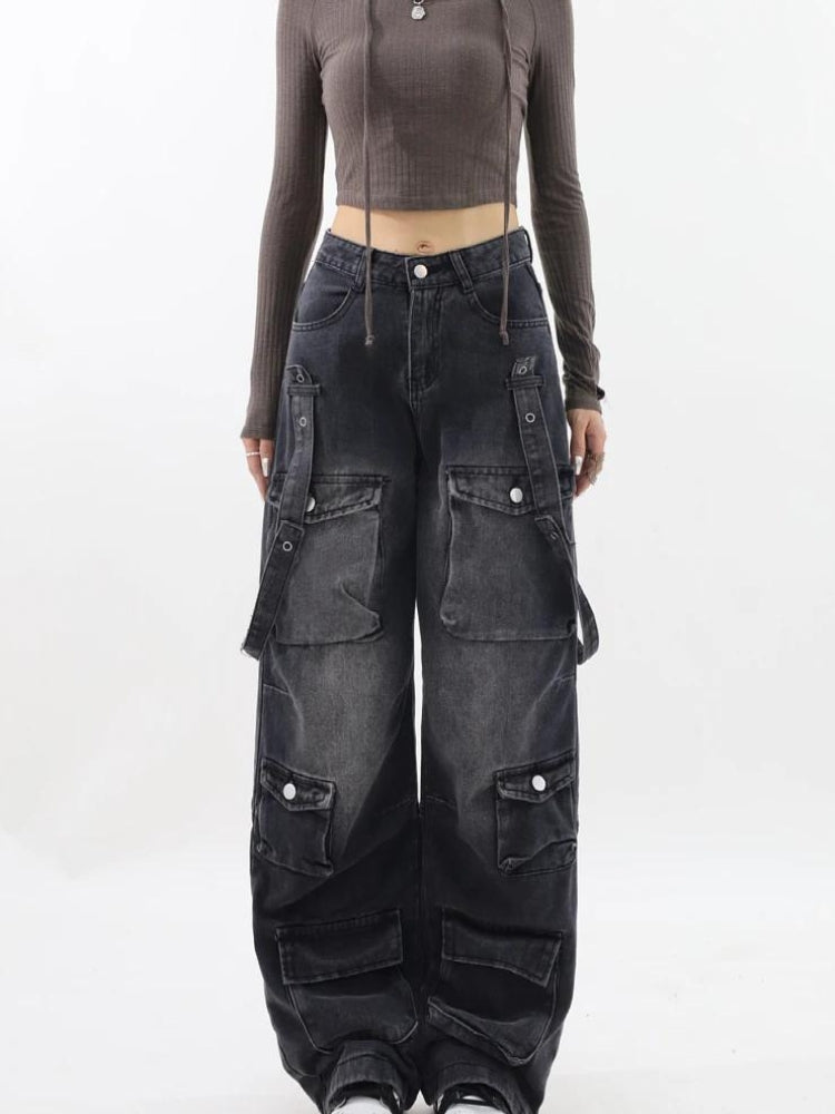 Y2K Dark Wash Belted Cargo Jeans - Retro 90s Grunge Style