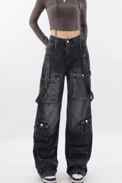 Y2K Dark Wash Belted Cargo Jeans - Retro 90s Grunge Style
