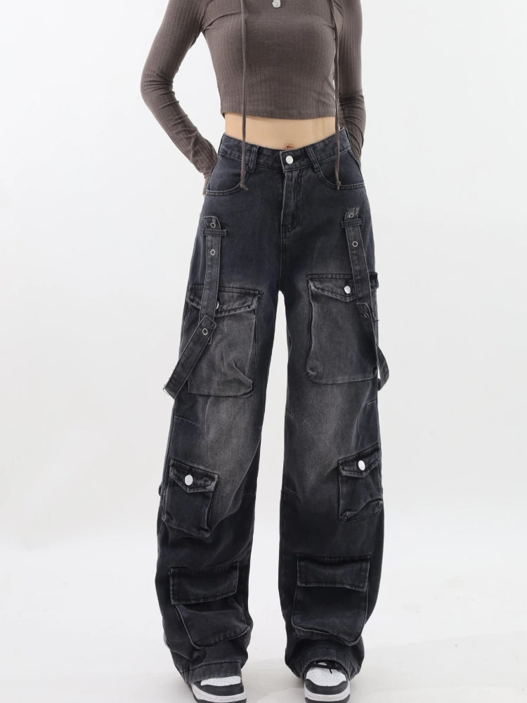 Y2K Dark Wash Belted Cargo Jeans - Retro 90s Grunge Style