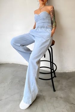 Y2K Denim Top & Pants Two Piece Set - Retro Style 90s Fashion Outfit