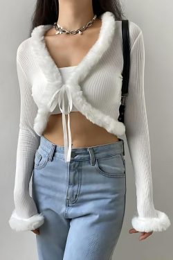 Y2K Faux Fur Corduroy Crop Cardigan - Retro Style 90s Fashion Grunge Outfit