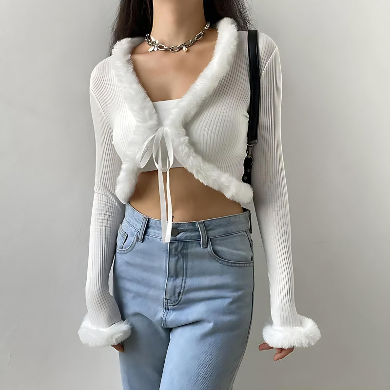 Y2K Faux Fur Corduroy Crop Cardigan - Retro Style 90s Fashion Grunge Outfit