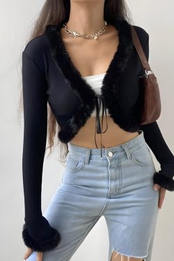 Y2K Faux Fur Corduroy Crop Cardigan - Retro Style 90s Fashion Grunge Outfit