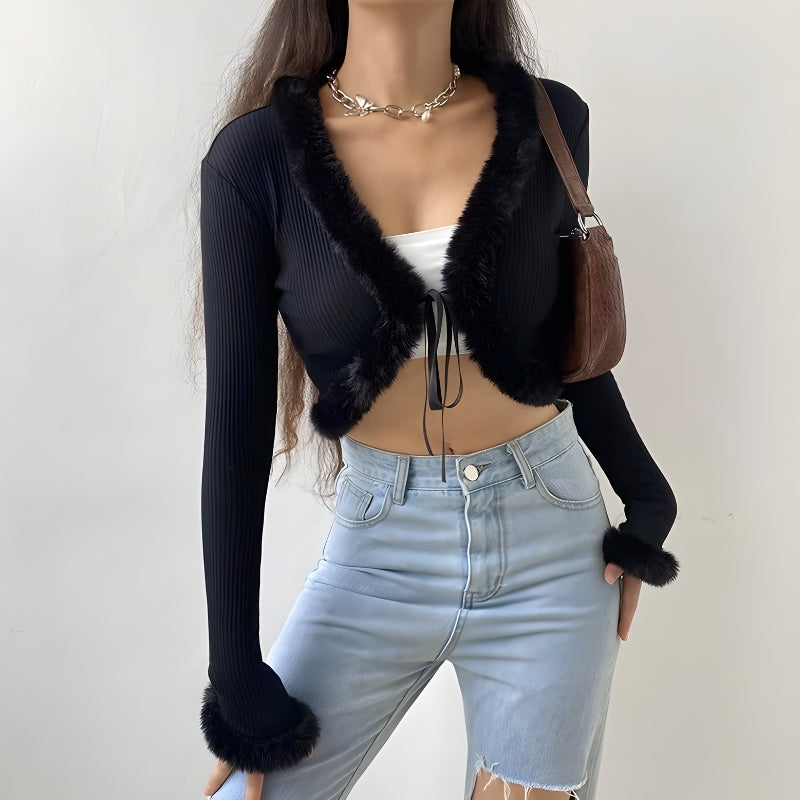 Y2K Faux Fur Corduroy Crop Cardigan - Retro Style 90s Fashion Grunge Outfit