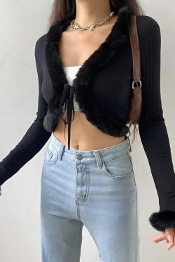 Y2K Faux Fur Corduroy Crop Cardigan - Retro Style 90s Fashion Grunge Outfit