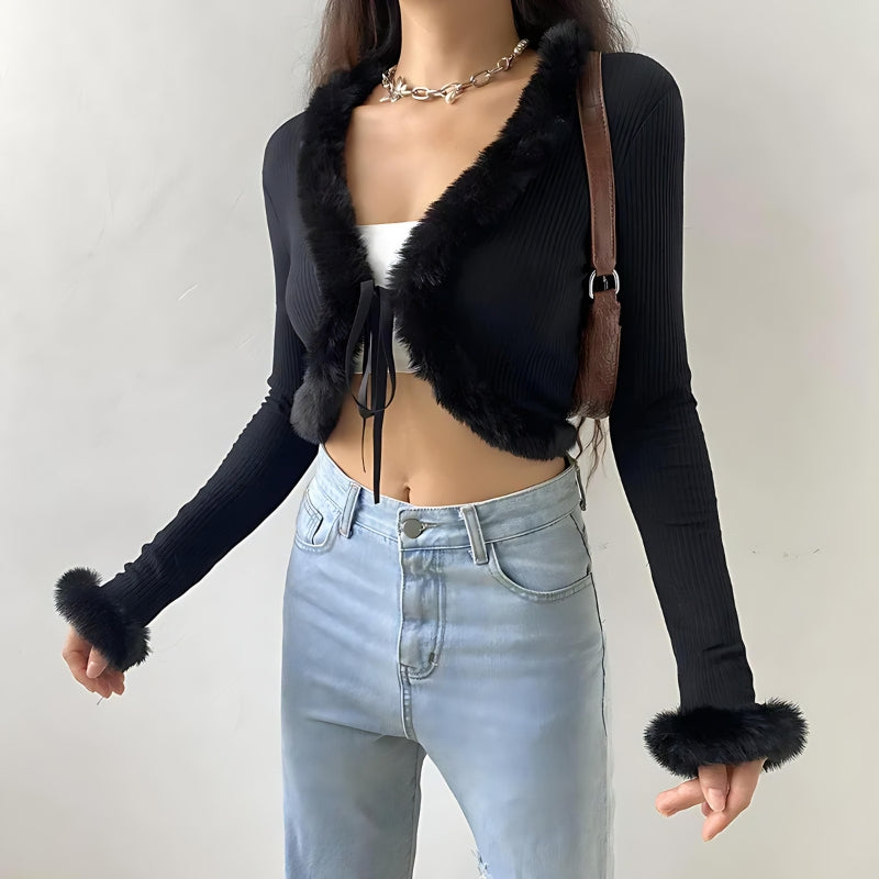 Y2K Faux Fur Corduroy Crop Cardigan - Retro Style 90s Fashion Grunge Outfit