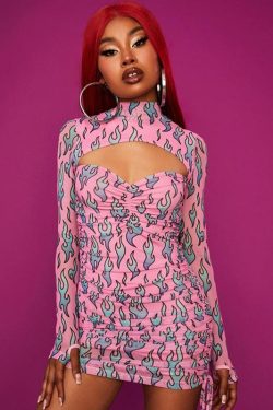 Y2K Flame Bodycon Mini Dress - Retro Grunge Style Douyin Dress