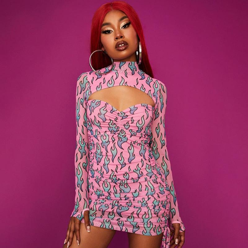 Y2K Flame Bodycon Mini Dress - Retro Grunge Style Douyin Dress