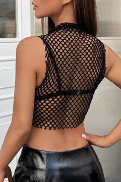 Y2K Grunge Baddie Warning Fishnet Tank Top - Retro 90s Club Outfit