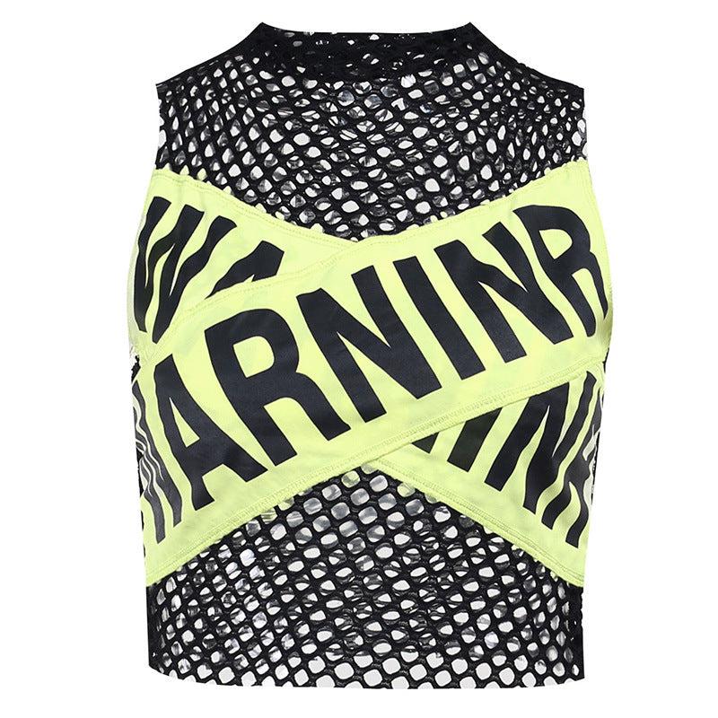 Y2K Grunge Baddie Warning Fishnet Tank Top - Retro 90s Club Outfit