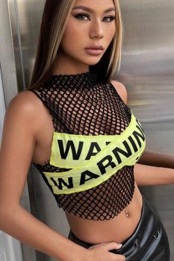Y2K Grunge Baddie Warning Fishnet Tank Top - Retro 90s Club Outfit
