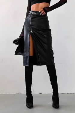 Y2K Grunge Baddie Zip Up Slit Midi Skirt - Retro 90s Fashion Statement
