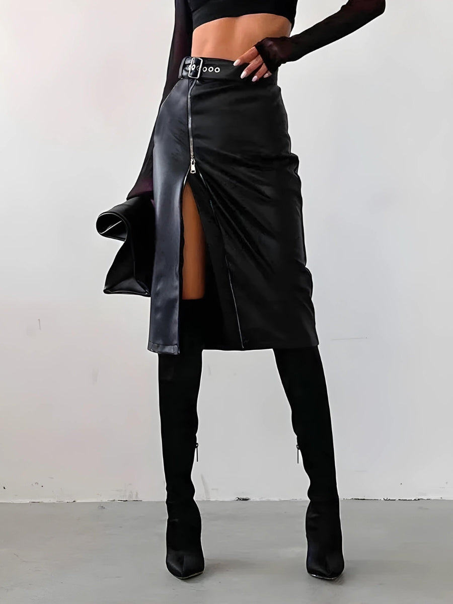 Y2K Grunge Baddie Zip Up Slit Midi Skirt - Retro 90s Fashion Statement