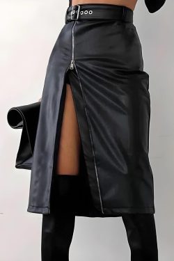 Y2K Grunge Baddie Zip Up Slit Midi Skirt - Retro 90s Fashion Statement