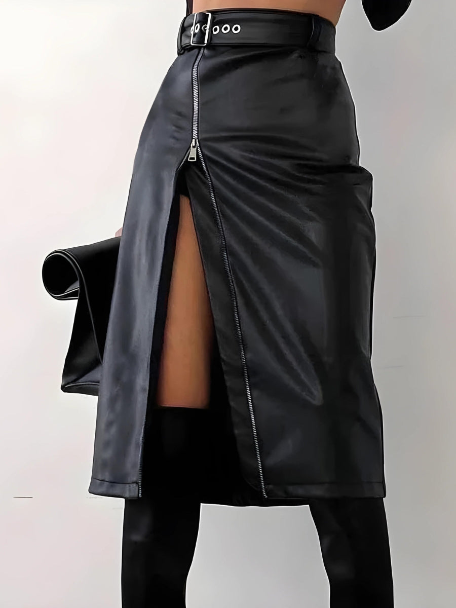 Y2K Grunge Baddie Zip Up Slit Midi Skirt - Retro 90s Fashion Statement