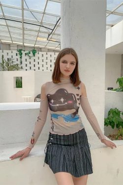 Y2K Grunge Cloud Monster Mesh Top - Retro 90s Fashion Statement