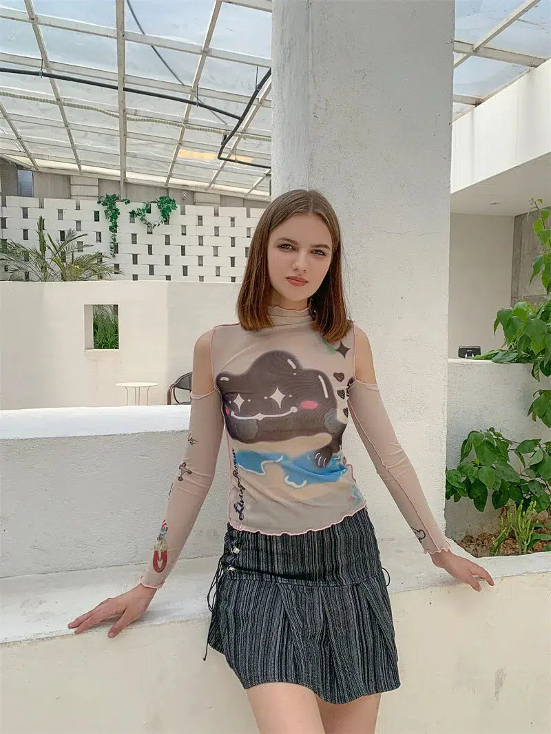 Y2K Grunge Cloud Monster Mesh Top - Retro 90s Fashion Statement