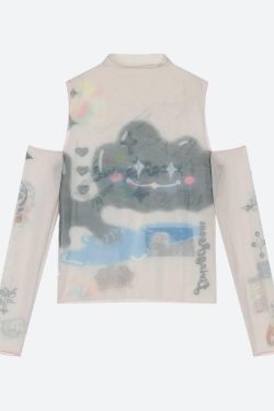 Y2K Grunge Cloud Monster Mesh Top - Retro 90s Fashion Statement