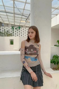 Y2K Grunge Cloud Monster Mesh Top - Retro 90s Fashion Statement