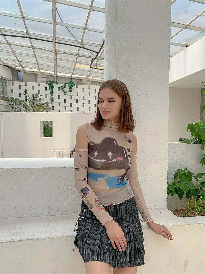 Y2K Grunge Cloud Monster Mesh Top - Retro 90s Fashion Statement