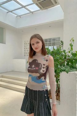 Y2K Grunge Cloud Monster Mesh Top - Retro 90s Fashion Statement