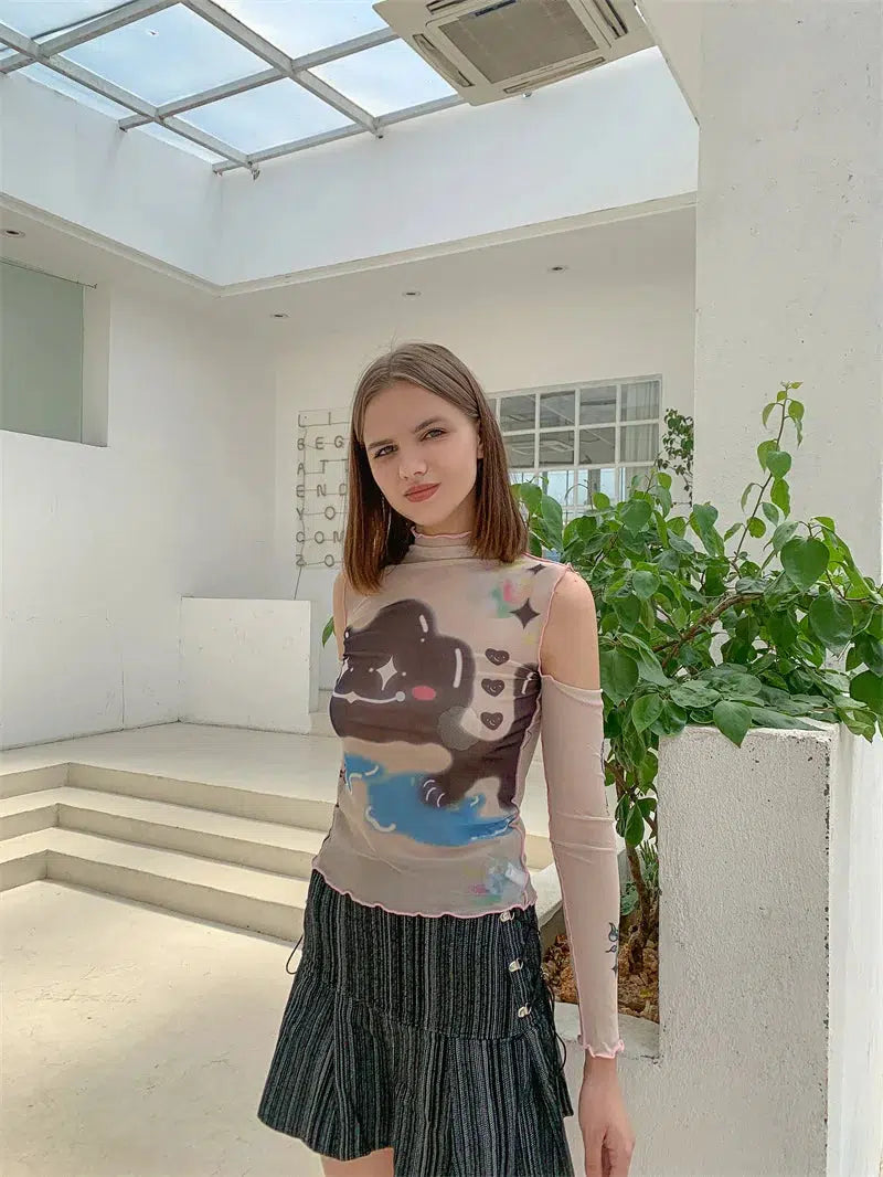 Y2K Grunge Cloud Monster Mesh Top - Retro 90s Fashion Statement
