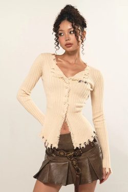 Y2K Grunge Corduroy Distressed Cardigan - Retro 90s Fashion Statement