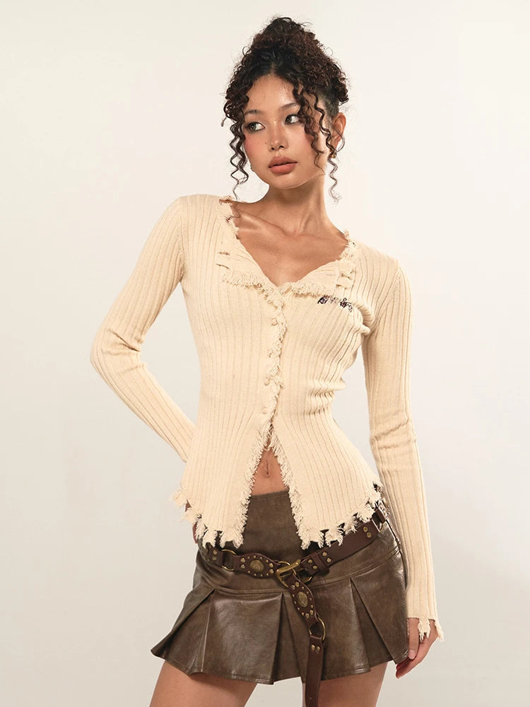 Y2K Grunge Corduroy Distressed Cardigan - Retro 90s Fashion Statement