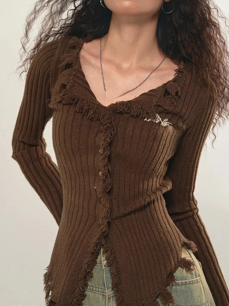Y2K Grunge Corduroy Distressed Cardigan - Retro 90s Fashion Statement