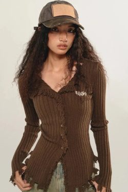 Y2K Grunge Corduroy Distressed Cardigan - Retro 90s Fashion Statement