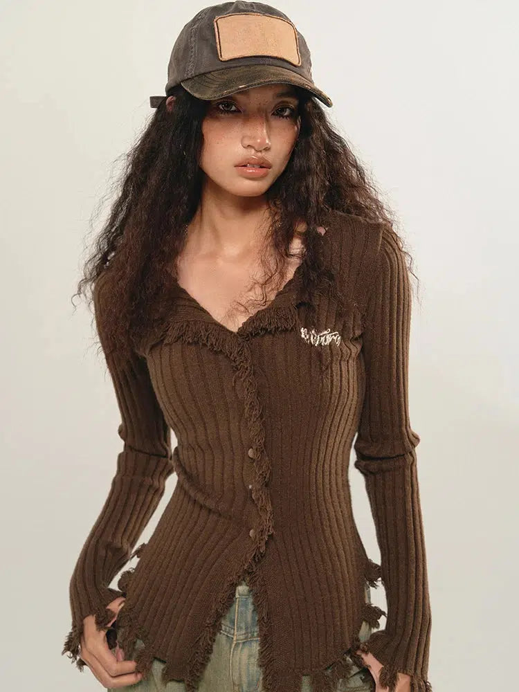 Y2K Grunge Corduroy Distressed Cardigan - Retro 90s Fashion Statement
