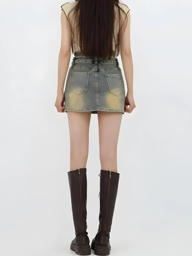 Y2K Grunge Denim Cross Belt Mini Skort - Retro 90s Fashion Outfit