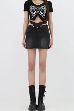 Y2K Grunge Denim Cross Belt Mini Skort - Retro 90s Fashion Outfit