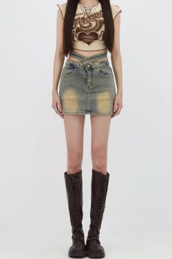 Y2K Grunge Denim Cross Belt Mini Skort - Retro 90s Fashion Outfit
