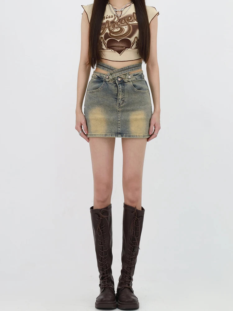 Y2K Grunge Denim Cross Belt Mini Skort - Retro 90s Fashion Outfit