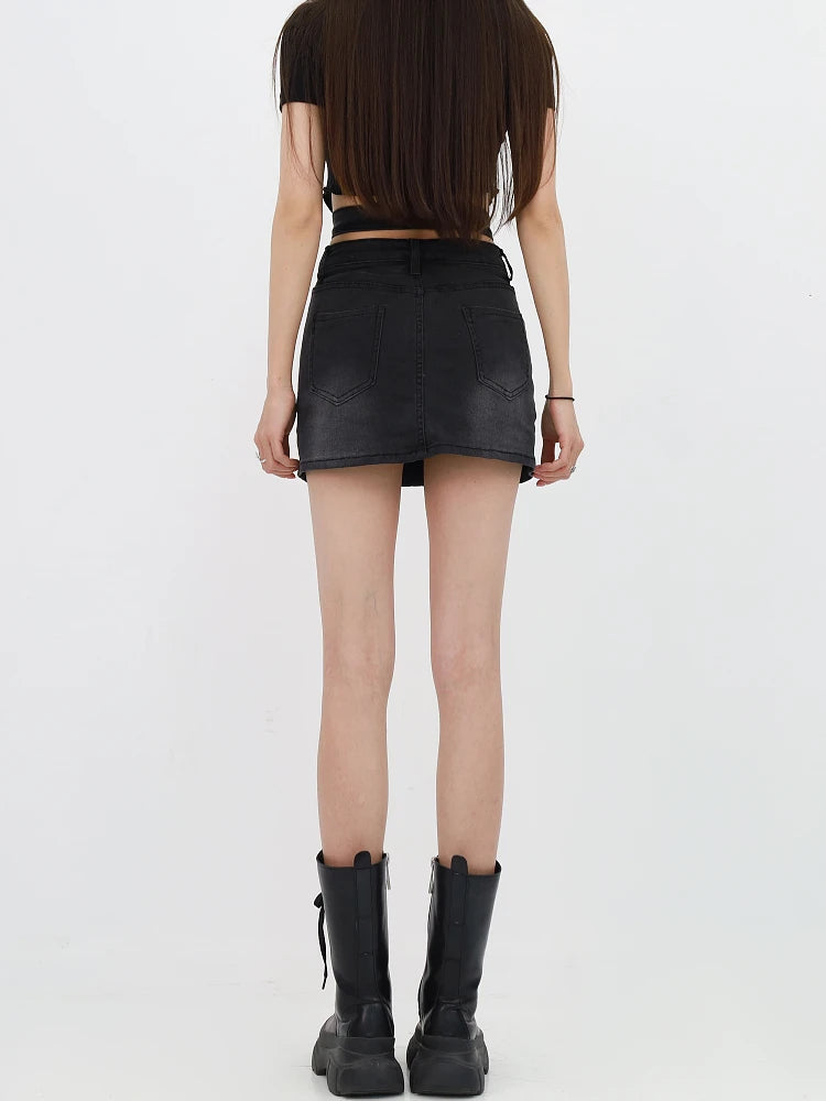 Y2K Grunge Denim Cross Belt Mini Skort - Retro 90s Fashion Outfit