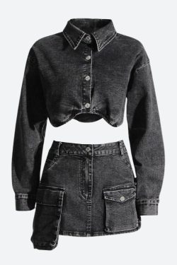 Y2K Grunge Denim Two Piece Set - Retro 90s Top & Skirt Outfit