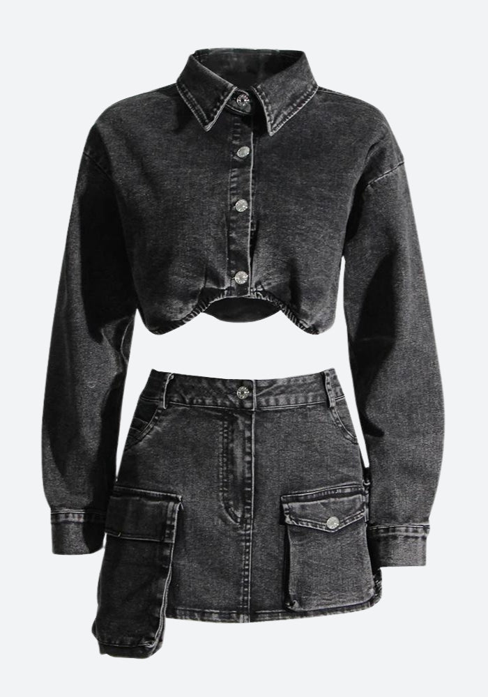 Y2K Grunge Denim Two Piece Set - Retro 90s Top & Skirt Outfit