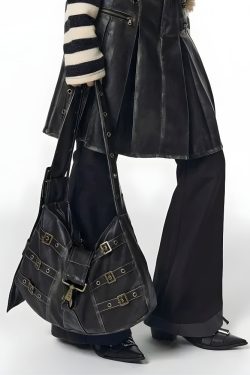 Y2K Grunge Faux Leather Belted Bag - Retro Style 90s Fashion Accessory