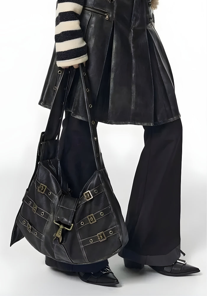 Y2K Grunge Faux Leather Belted Bag - Retro Style 90s Fashion Accessory