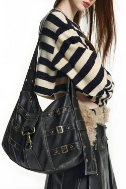 Y2K Grunge Faux Leather Belted Bag - Retro Style 90s Fashion Accessory